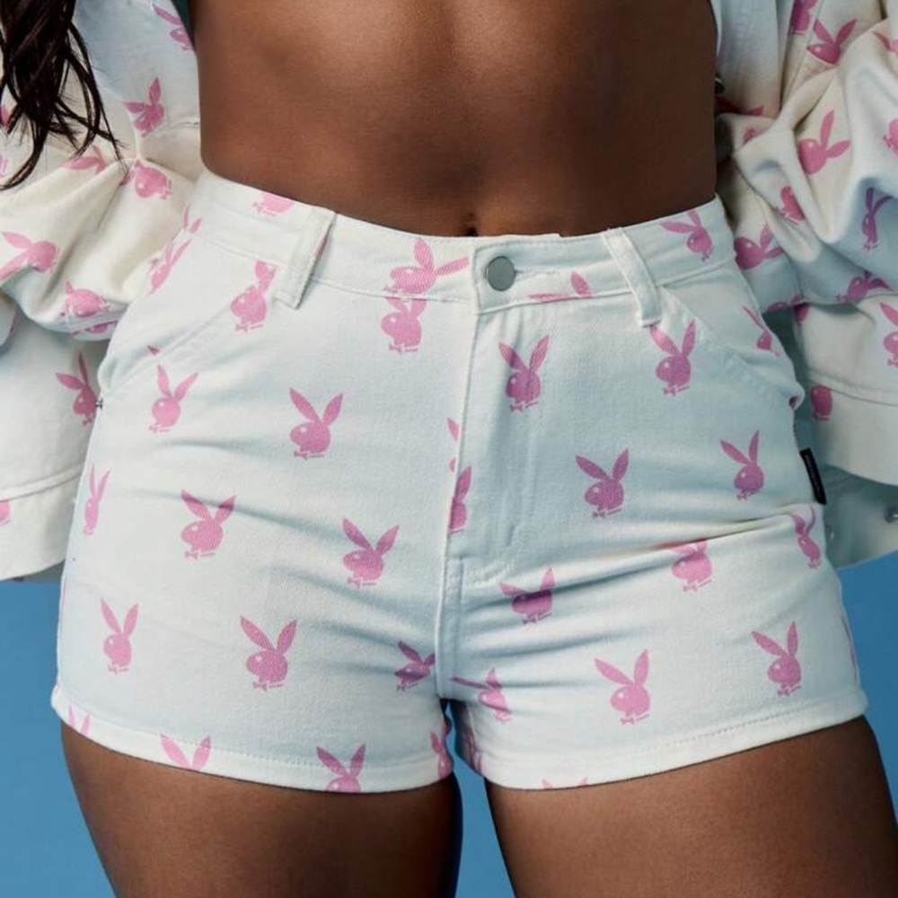 PLAYBOY White and Pink High Waist Women's Shorts